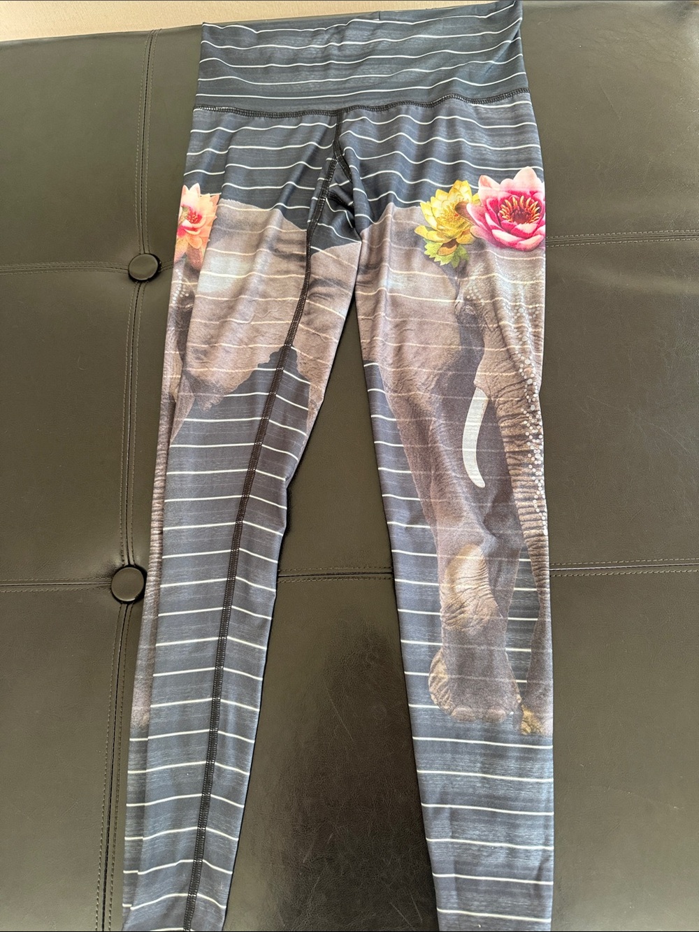 Teeki Women’s Gray Elephant Print Leggings with Pink Floral Accents